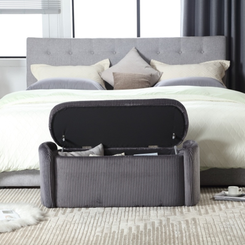 Panca contenitore moderna in velluto a righe per soggiorno, ingresso, camera da letto, Grigio Scuro