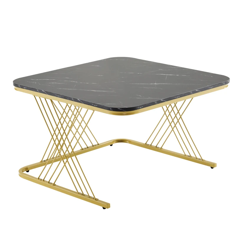 Nesting Coffee Tables with Gold Metal Frame, Marble Pattern Top, Multi-functional Sofa Side Tables for Bedroom, Living Room, 70x70x43 cm, Black
