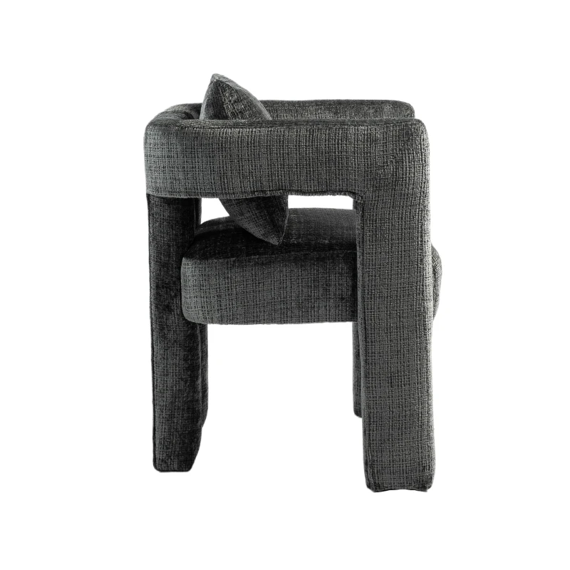 Fauteuil lounge moderne en chenille, chaise de salle à manger, design unique avec accoudoirs ajourés, coussin confortable, adapté pour le salon, la salle à manger, Gris foncé