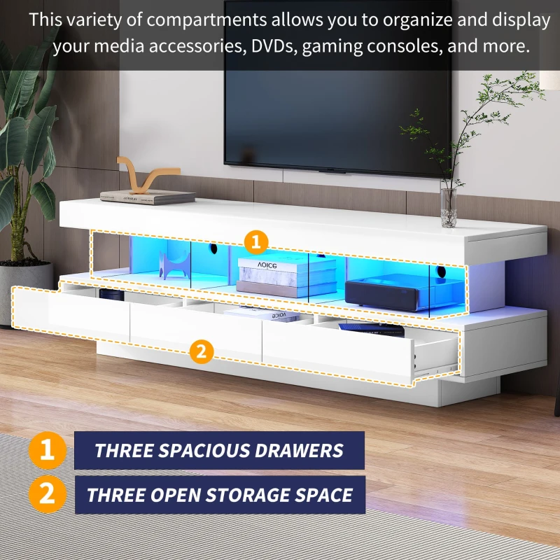 Modern High Gloss TV Units with Storage Drawers, LED Lights, TV Cabinet for Living Room, Bedroom, 160x38x50.5 cm, White