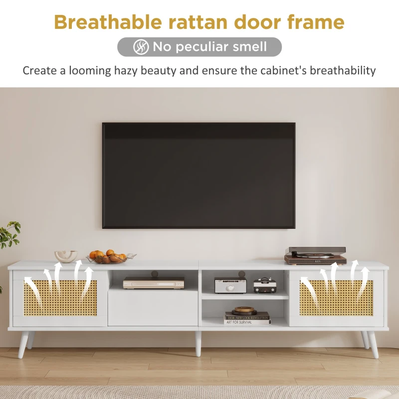 Wooden TV Units with 3 Open Storage Spaces for 90-inch TV, Oak Finish TV Stand with Doors and Drawer, Silent Hinges, 200x40x49 cm, Oak