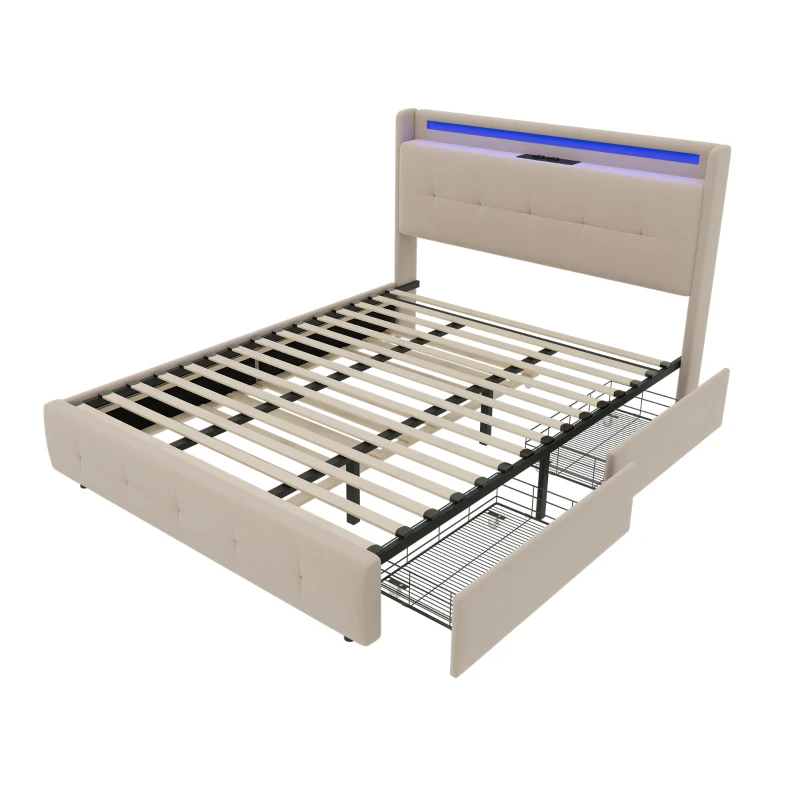 Lit double rembourré avec tête de lit USB, éclairage LED et 2 tiroirs, cadre de lit avec rangement 160x200 cm, sommier à lattes en bois, Beige