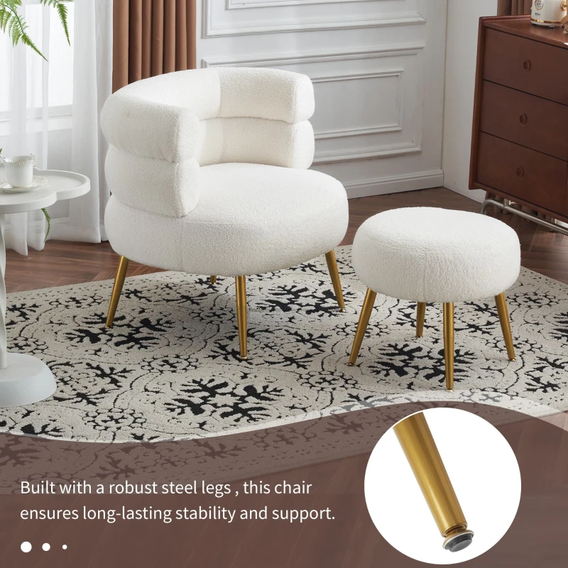 Boucle Snuggle Chair with Footstool Set, Fuzzy Tub Chair Lounge Chair with Footrest for Living Room, Bedroom, Study, 74.5x67x73 cm, White