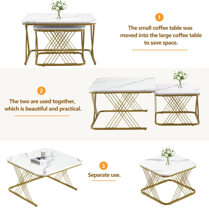 Nest of 2 Settee Side Table with Gold Metal Frame, Marble Pattern Top, Multi-functional Modern Coffee Table for Home, 70x70x43 cm, White