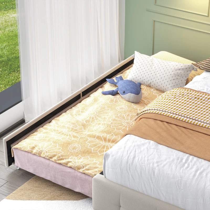 Doppelbett mit USB-Ladekopfteil, Ausziehbett, Polsterbett mit LED-Beleuchtung und 2 Schubladen, 140x200 cm Stauraumbettgestell, ohne Matratze, Beige
