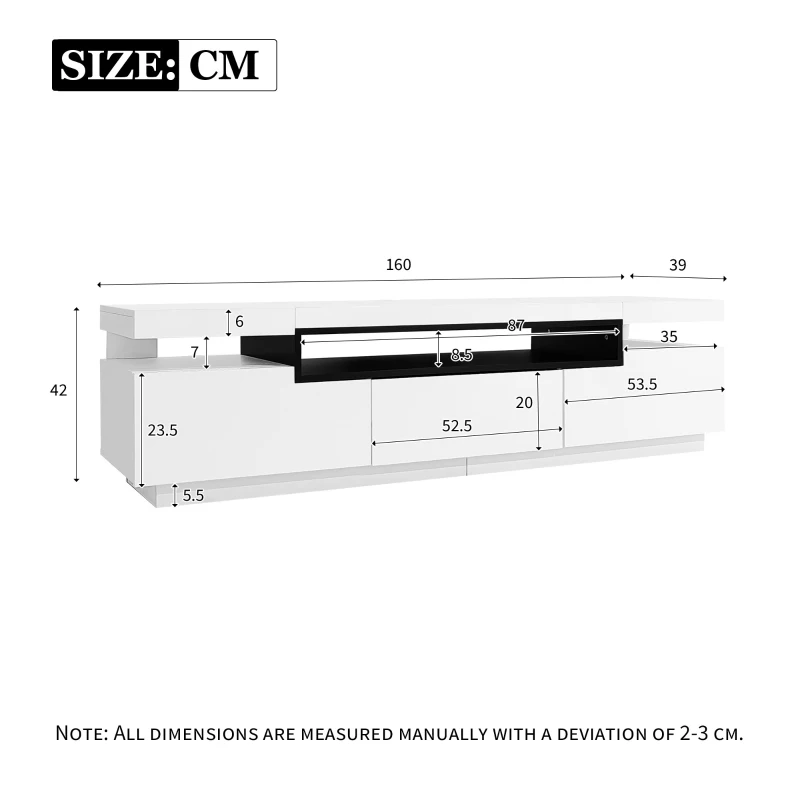 High Gloss Modern TV Stand Cabinet for 70-inch TV with LED Lights, 3 Drawers and Open Storage, 160x39x42 cm, White