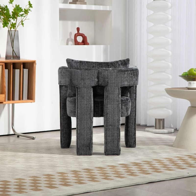 Fauteuil lounge moderne en chenille, chaise de salle à manger, design unique avec accoudoirs ajourés, coussin confortable, adapté pour le salon, la salle à manger, Gris foncé
