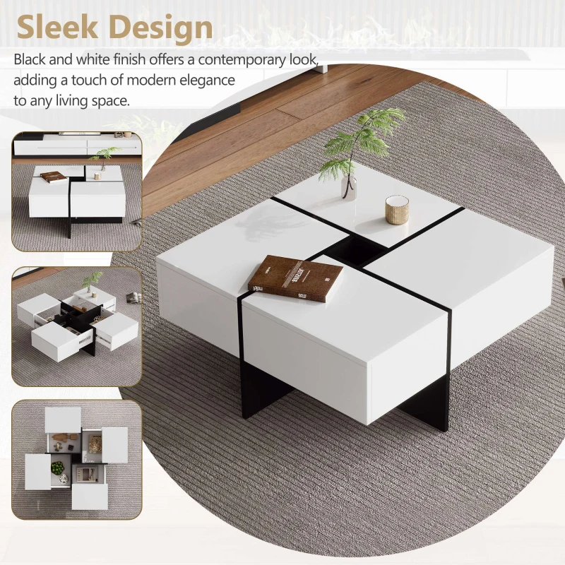 Multifunctional Coffee Table with 4 Drawers and Storage, High Gloss Top, 70x70x35 cm, White