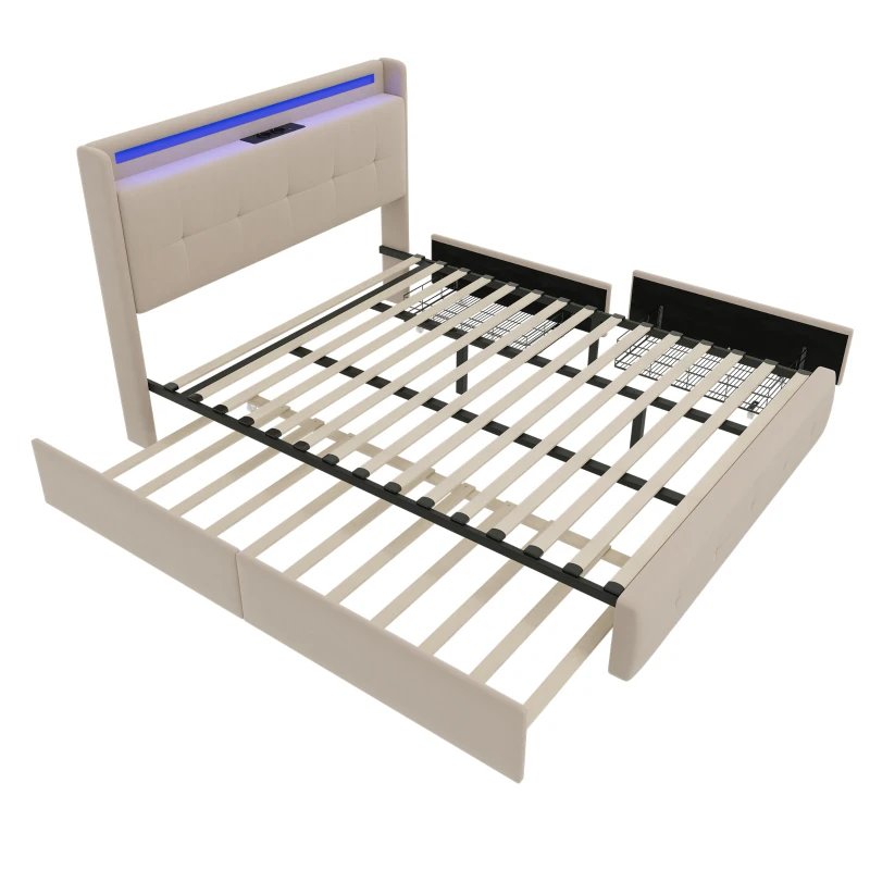 Lit double rembourré avec tête de lit USB, éclairage LED et 2 tiroirs, cadre de lit avec rangement 160x200 cm, sommier à lattes en bois, Beige