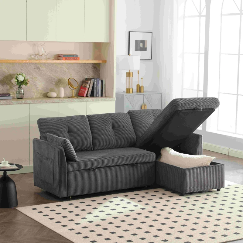 L-förmiges Samt-Sofa, ausziehbares und umwandelbares Schlafsofa mit Stauraumsitzen, Dunkelgrau