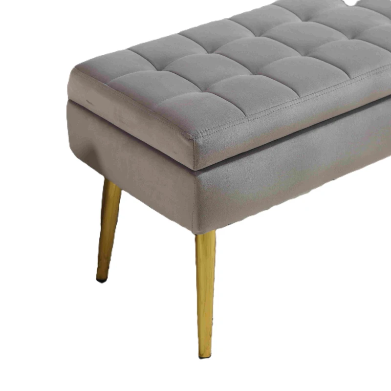Banc coffre minimaliste moderne avec pieds en métal doré, banc en velours rembourré, table de chevet multifonctionnelle facile à monter pour chambre à coucher, salon, foyer, Gris foncé