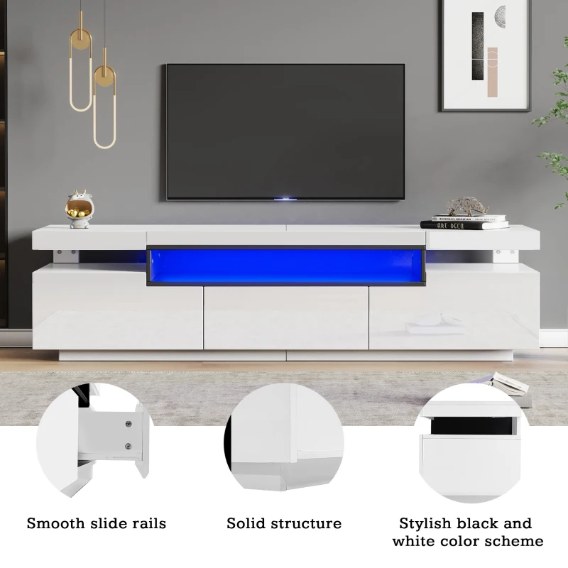 High Gloss Modern TV Stand Cabinet for 70-inch TV with LED Lights, 3 Drawers and Open Storage, 160x39x42 cm, White
