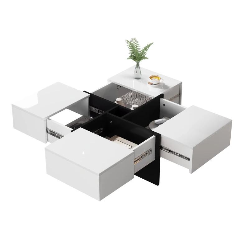 Multifunctional Coffee Table with 4 Drawers and Storage, High Gloss Top, 70x70x35 cm, White