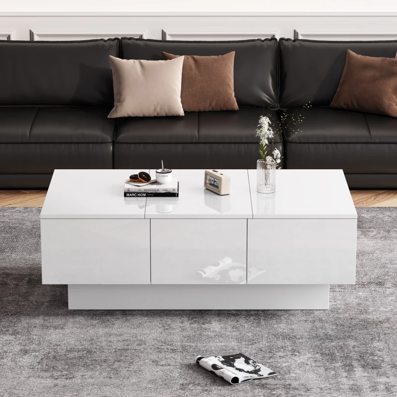 Modern Coffee Table with 2 Drawers and Large Storage Space, High Gloss Finish, Ideal for Living Rooms, 100x55x35 cm, White