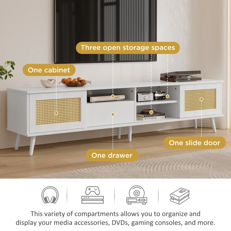 Wooden TV Units with 3 Open Storage Spaces for 90-inch TV, Oak Finish TV Stand with Doors and Drawer, Silent Hinges, 200x40x49 cm, Oak