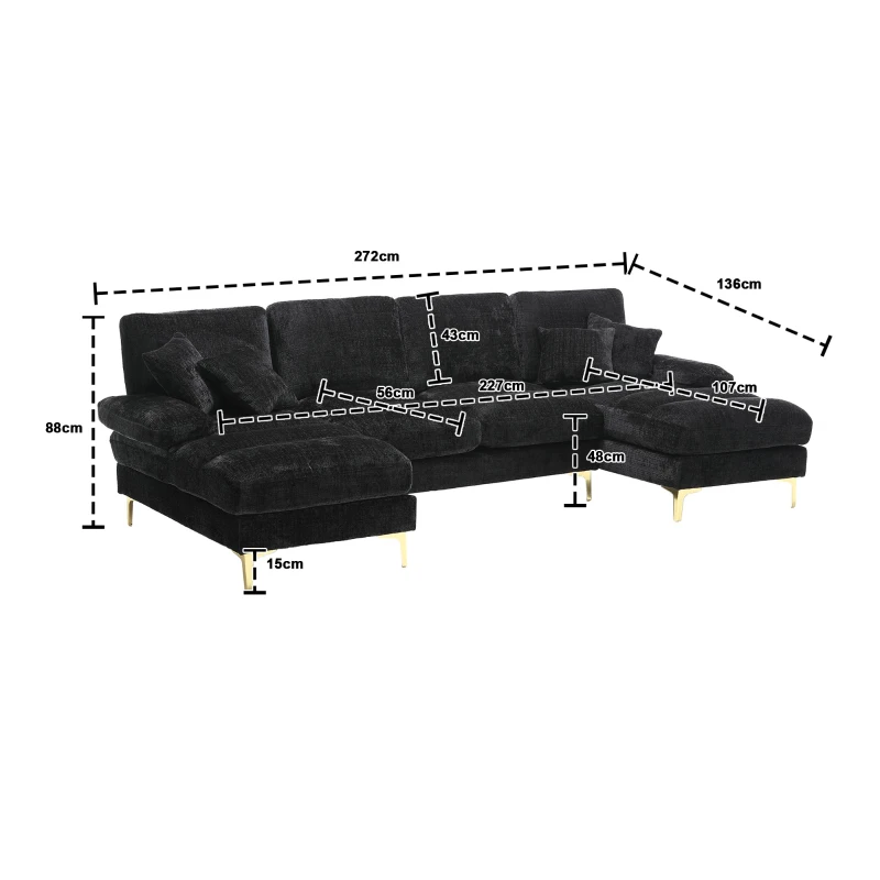 Grand canapé d'angle en forme de U en tissu chenille moderne et confortable, avec accoudoirs en métal, Noir