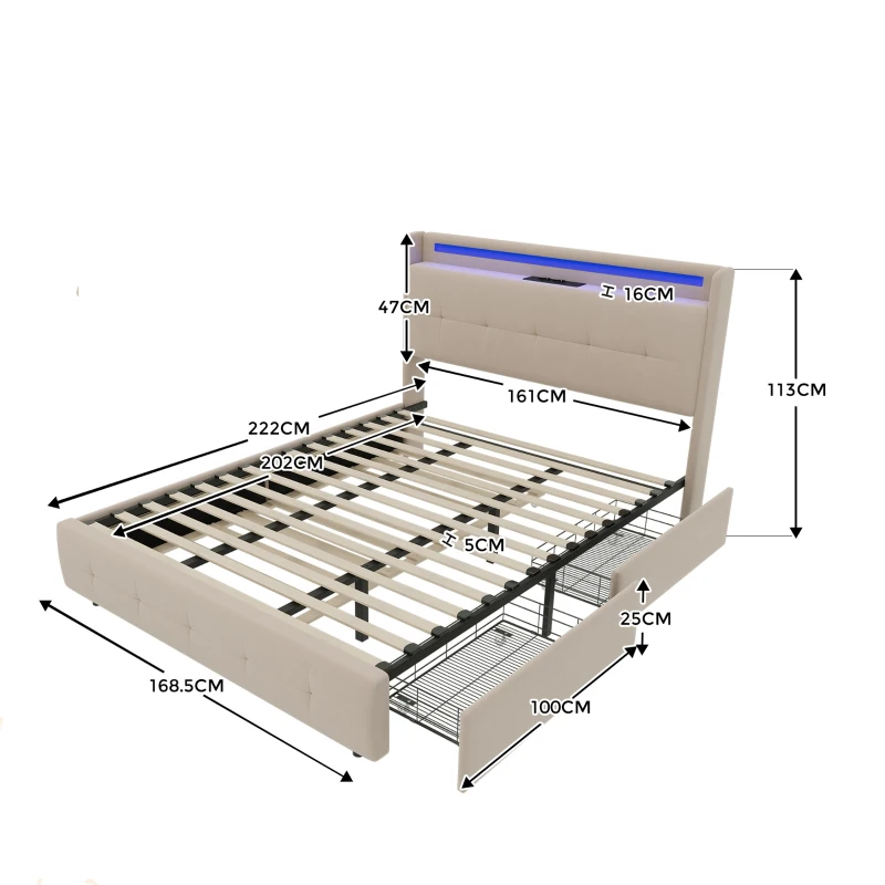 Lit double rembourré avec tête de lit USB, éclairage LED et 2 tiroirs, cadre de lit avec rangement 160x200 cm, sommier à lattes en bois, Beige