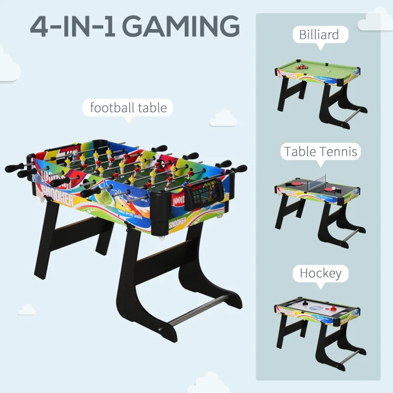 HOMCOM Masă de Joc 4 în 1 pentru Fotbal de Masă, Biliard, Air Hockey și Ping-Pong, 86,5x43,5x64 cm, Multicolor