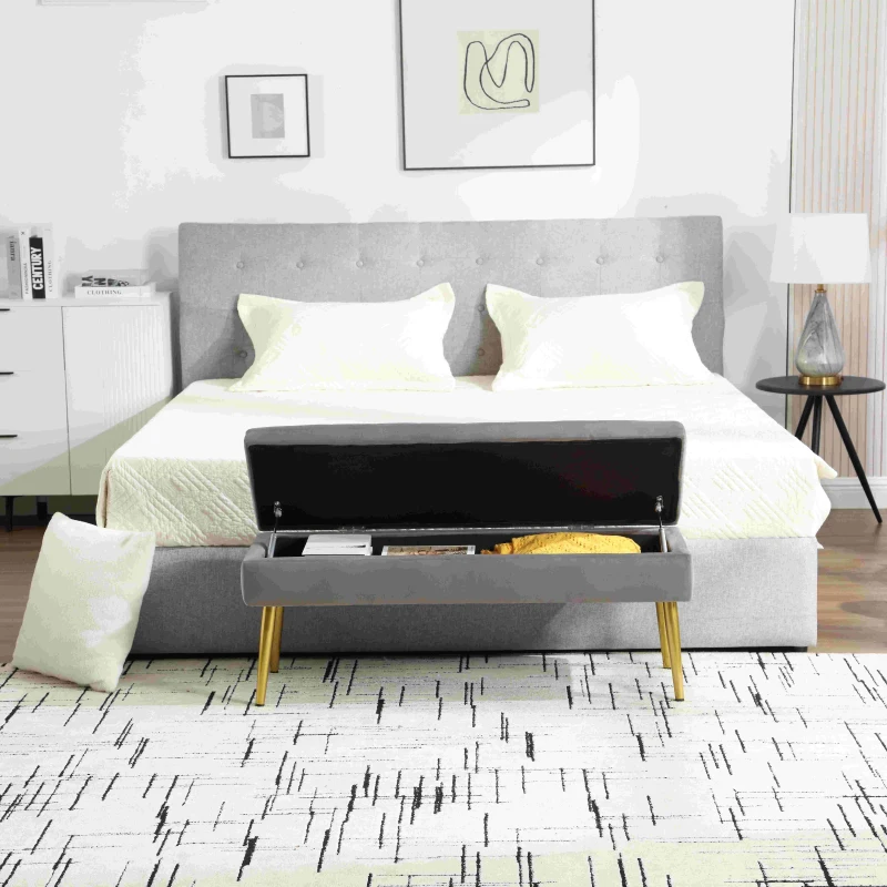 Moderne minimalistische Aufbewahrungshocker mit goldenen Metallbeinen, gepolsterte Samtbank, für Schlafzimmer, Wohnzimmer, Eingangshalle, Dunkelgrau