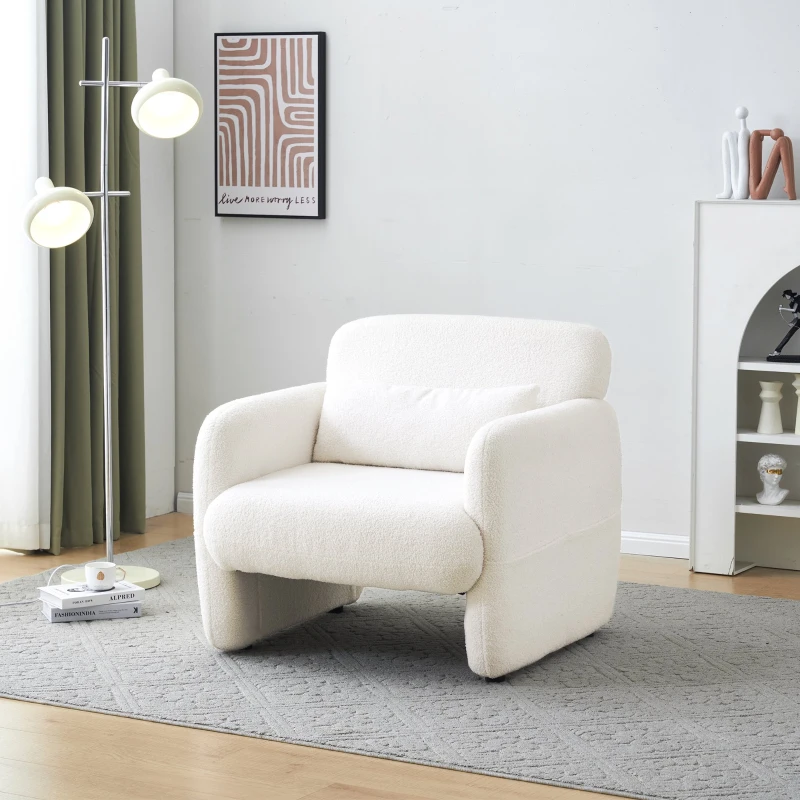 Upholstered Teddy Fabric Occasional Chair with Solid Wood Frame, Comfy Lounge Chair for Living Room, Bedroom, 87x88x77 cm, White