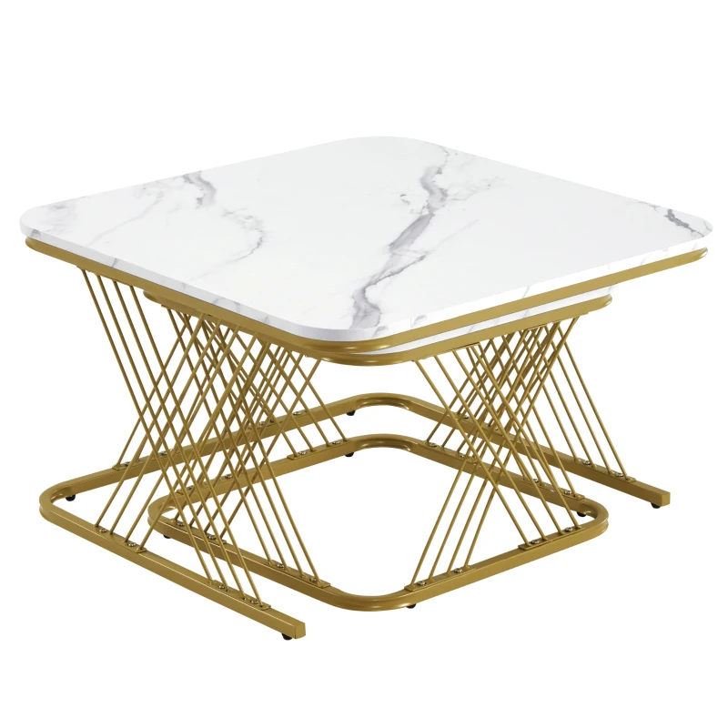 Nest of 2 Settee Side Table with Gold Metal Frame, Marble Pattern Top, Multi-functional Modern Coffee Table for Home, 70x70x43 cm, White