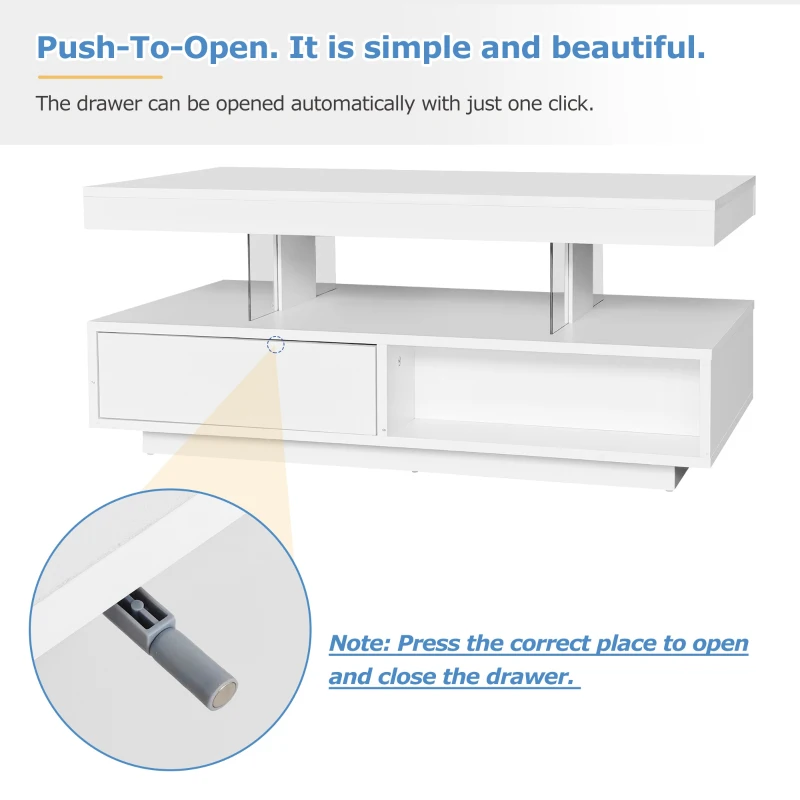 LED Coffee Table with 2 Drawer Storage, High Gloss Top and 16-Colour LED Lights, 95x50x42.5 cm, White