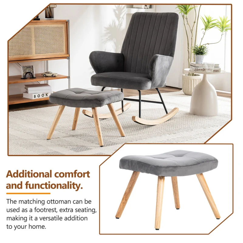 Rocking Chair Armchair with Footstool, High Back Ergonomic Garden Rocking Chair, 64x84x97 cm, Grey