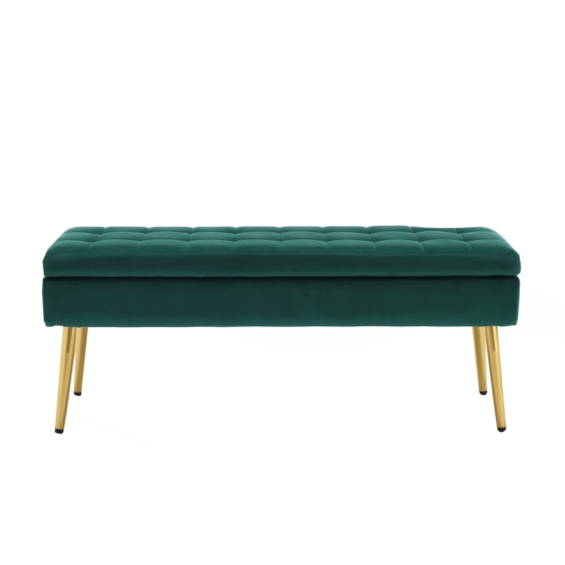 Banc coffre de rangement minimaliste moderne avec pieds en métal doré, banc en velours rembourré, table de chevet multifonctionnelle facile à monter pour chambre, salon, hall d'entrée, Vert