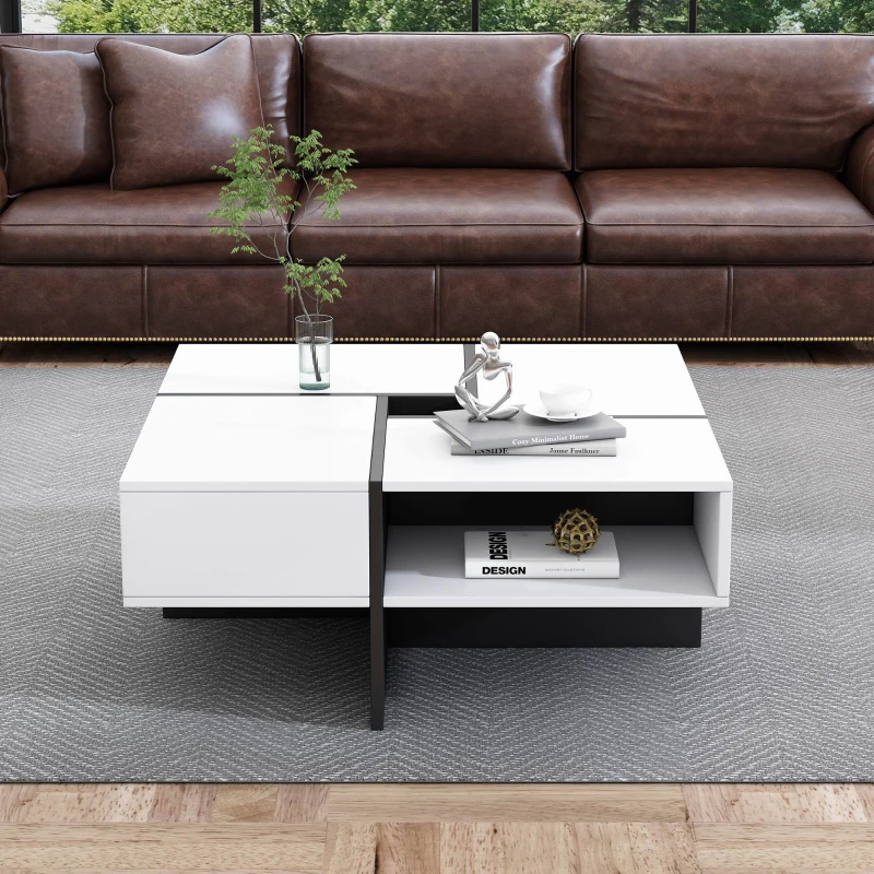 Multifunctional Square Coffee Table with Storage Spaces, High-Gloss Finish, Modern Sofa Table for Living Room, Sitting Room, 70x70x35 cm, White