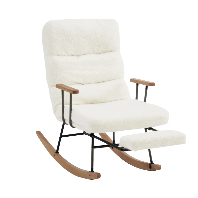 Fabric Tufted Boucle Armchair with Metal Legs, Wooden Base, High Back Rocking Chair for Living Room, Bedroom, 63.5x102x100 cm, White