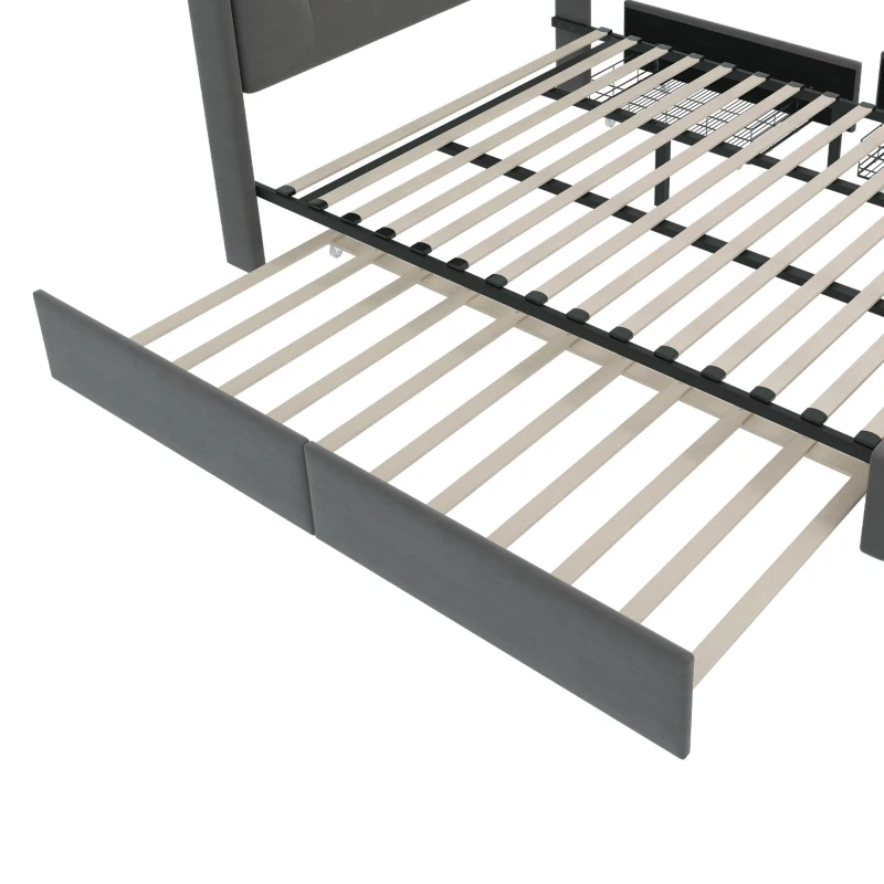 Lit double rembourré avec tête de lit USB, éclairage LED et 2 tiroirs, cadre de lit avec espace de rangement, sommier à lattes en bois, Gris