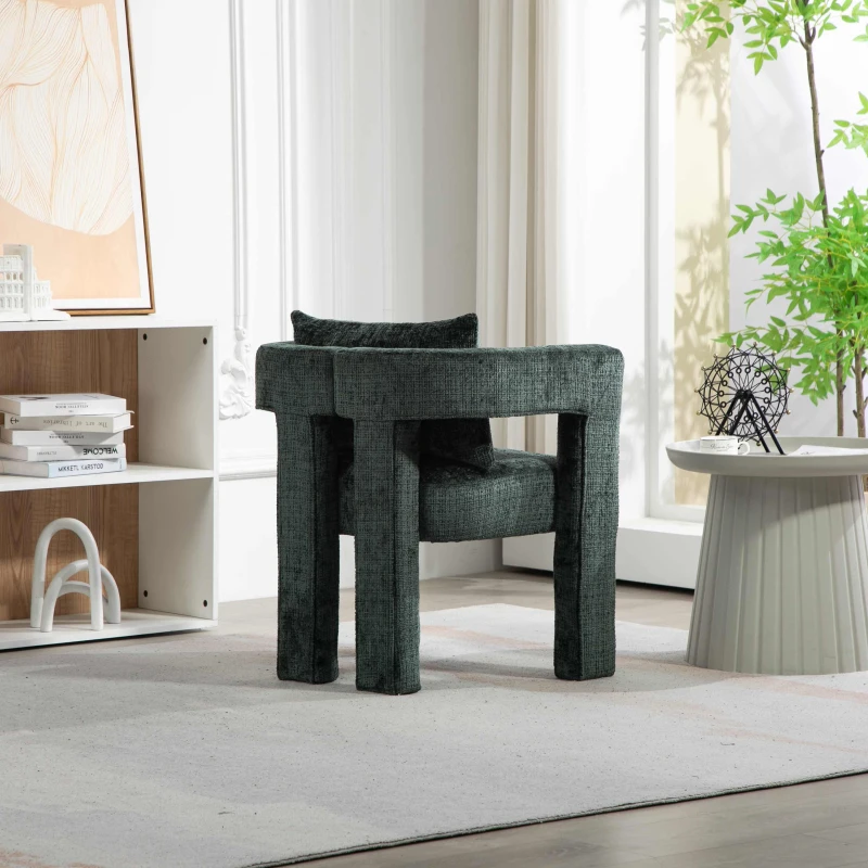 Moderner Chenille-Loungesessel, Esszimmerstuhl, einzigartiges Design mit durchbrochenen Armlehnen, bequemes Kissen, geeignet für Wohnzimmer, Esszimmer, Smaragd