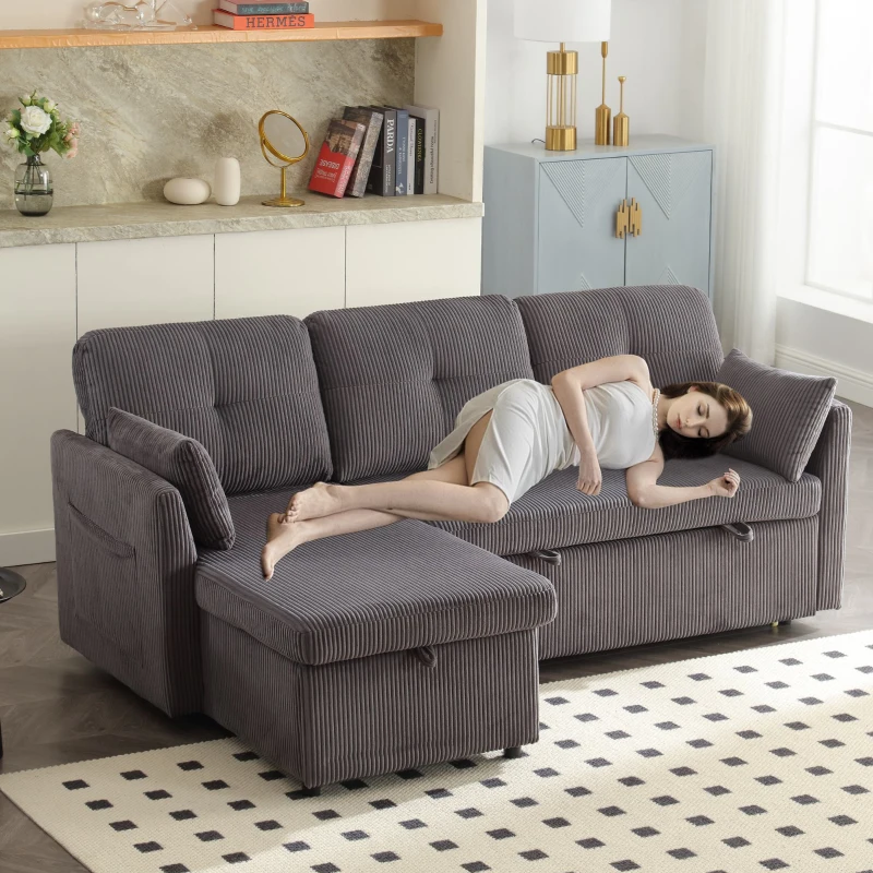 L-förmiges Samt-Sofa, ausziehbares und umwandelbares Schlafsofa mit Stauraumsitzen, Dunkelgrau