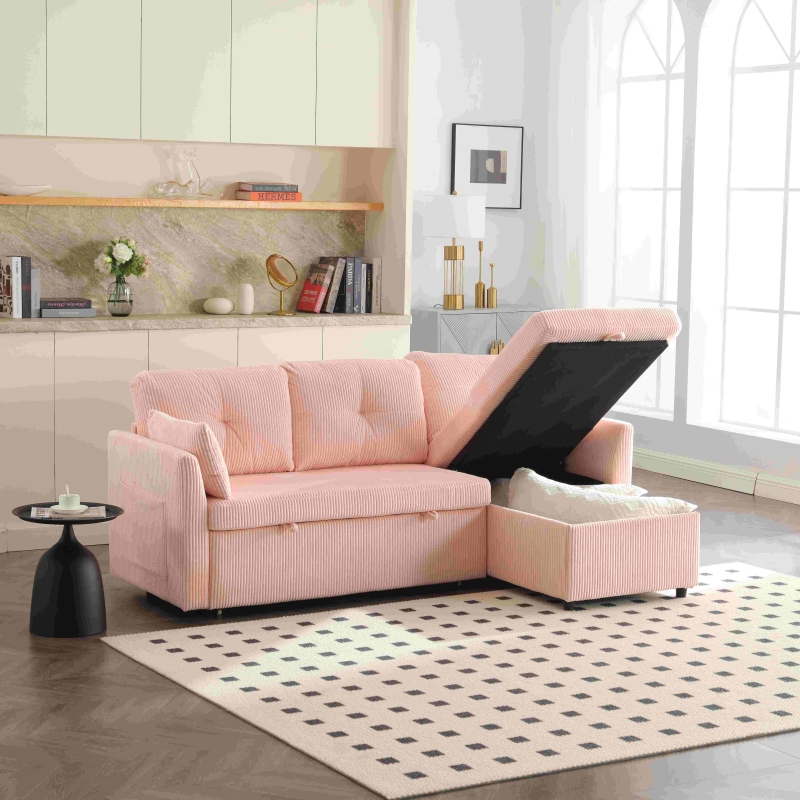 L-förmiges Samt-Sofa, ausziehbares und umwandelbares Schlafsofa mit Stauraumsitzen, Rosa