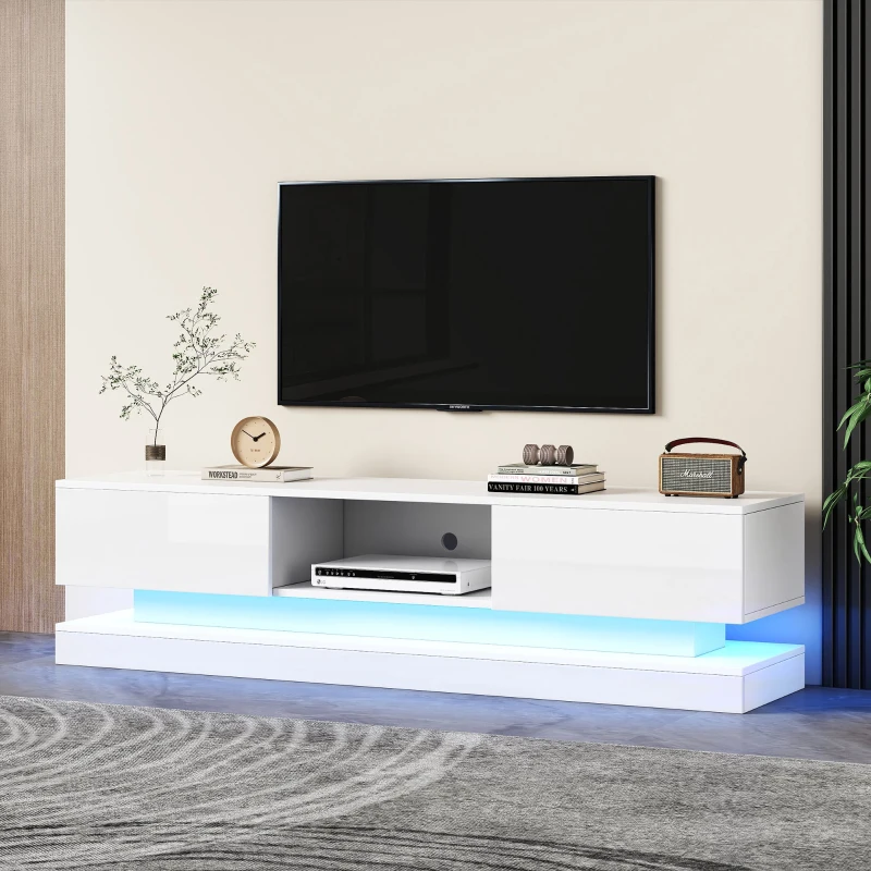 TV Table with 16-color LED Lights & 4 Dynamic Modes, High Gloss Front Panel & 2 Drawers, Up to 79 TV Size - White