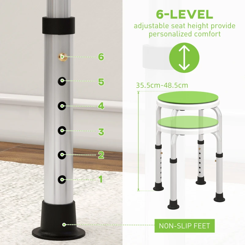 HOMCOM 360° Swivel Shower Chair, Height Adjustable Aluminium Shower Stool with Non-Slip Feet for Disabled, Elderly, Green