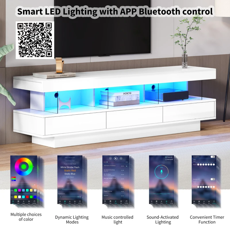 Modern High Gloss TV Units with Storage Drawers, LED Lights, TV Cabinet for Living Room, Bedroom, 160x38x50.5 cm, White