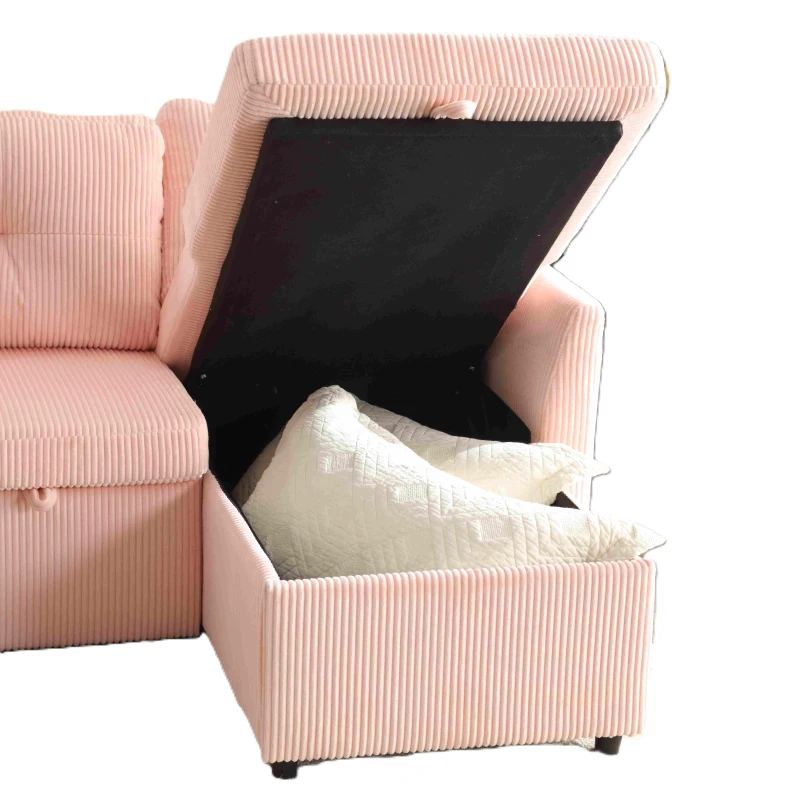 L-förmiges Samt-Sofa, ausziehbares und umwandelbares Schlafsofa mit Stauraumsitzen, Rosa