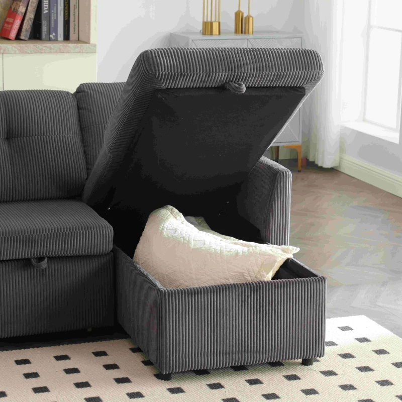 L-förmiges Samt-Sofa, ausziehbares und umwandelbares Schlafsofa mit Stauraumsitzen, Dunkelgrau