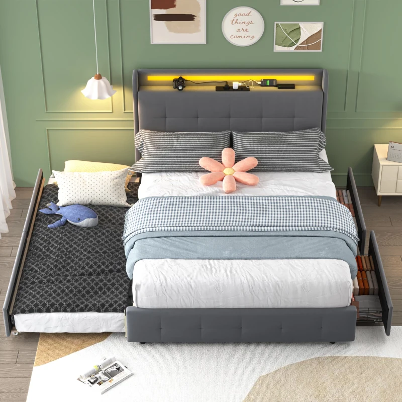 Doppelbett mit USB-Ladekopfteil, Ausziehbett, Polsterbett mit LED-Beleuchtung und 2 Schubladen, 140x200 cm Stauraumbettgestell, ohne Matratze, Grau