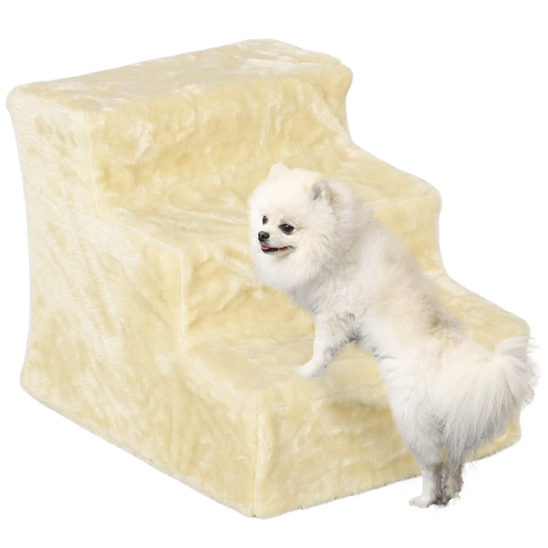 PawHut Składana Drabinka dla Zwierząt Domowych, 3 Stopnie, Pokrycie z Pluszu, Płyta Wiórowa, 46 x 35 x 35 cm, Beżowa