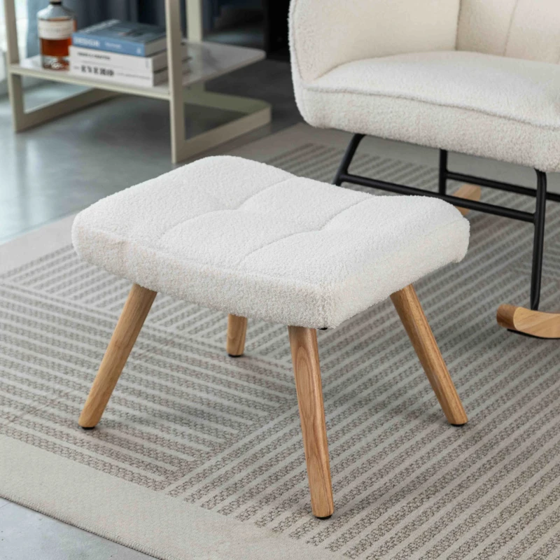 Ergonomic Design Rocking Chair with Footstool, Solid Wood and Metal Frame, Perfect for Garden and Outdoor Use, 65x93x92 cm, White