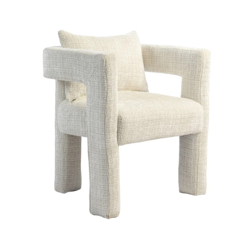Fauteuil lounge moderne en chenille, chaise de salle à manger, design unique avec accoudoirs creux, coussin confortable, adapté pour salon, salle à manger, Beige