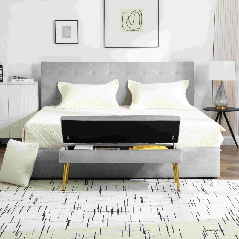 Banquette coffre minimaliste moderne avec pieds en métal doré, en velours rembourré, table de chevet multifonctionnelle facile à monter pour chambre à coucher, salon, hall d'entrée, salle de séjour, Gris