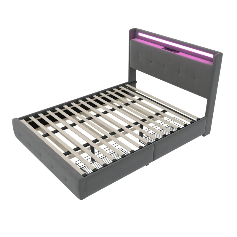 Lit double rembourré avec tête de lit USB, éclairage LED et 2 tiroirs, cadre de lit avec rangement 160x200 cm, sommier à lattes en bois, Gris