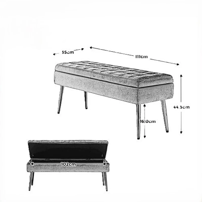 Banc de rangement minimaliste moderne avec pieds en métal doré, banquette coffre en velours rembourré, table de chevet multifonctionnelle facile à monter pour chambre à coucher, salon, hall d'entrée, salle de séjour, Noir