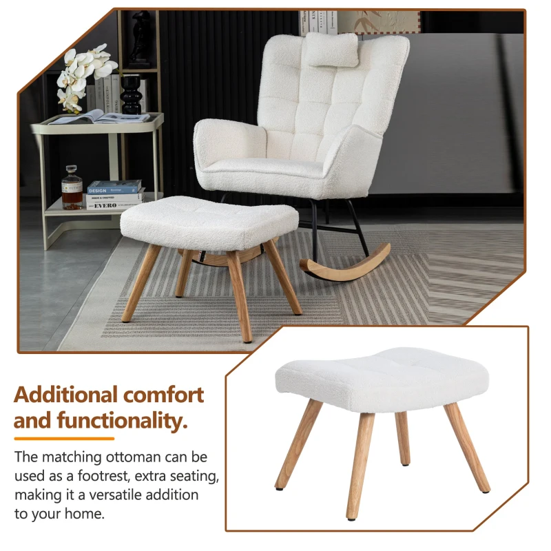 Ergonomic Design Rocking Chair with Footstool, Solid Wood and Metal Frame, Perfect for Garden and Outdoor Use, 65x93x92 cm, White