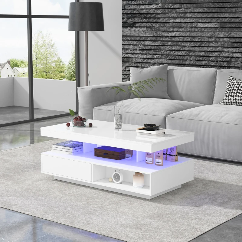 LED Coffee Table with 2 Drawer Storage, High Gloss Top and 16-Colour LED Lights, 95x50x42.5 cm, White
