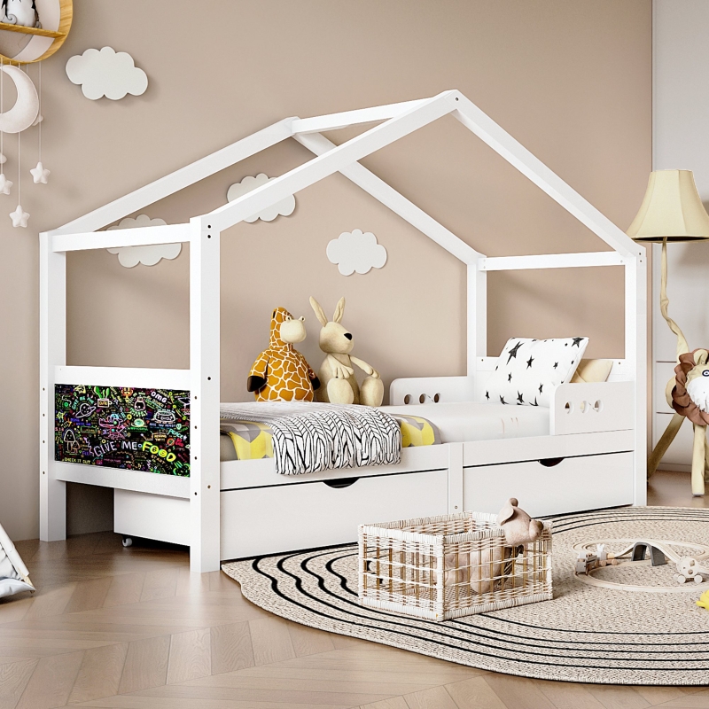 Lit Enfant 90x200 VITALISPA DESIGN - 2 Tiroirs, Sommier Lattes, Matelas Inclus - Blanc Mat
