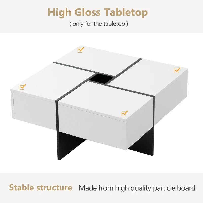 Multifunctional Coffee Table with 4 Drawers and Storage, High Gloss Top, 70x70x35 cm, White